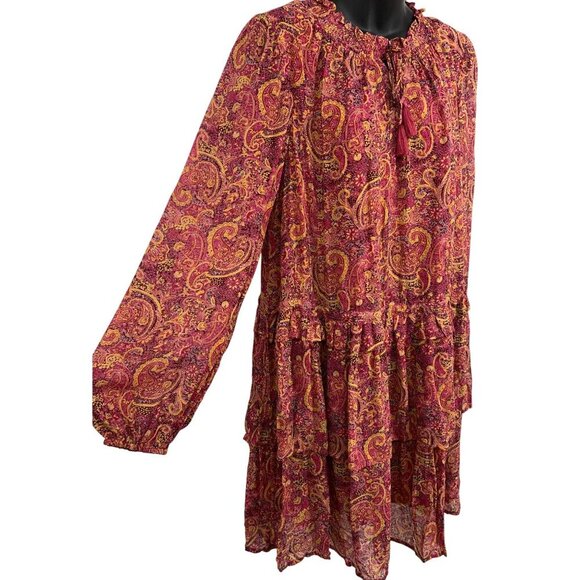 FRYE Women Dress Size Medium M Red Rocks Combo Bohemian Paisley Long Sleeve New - Picture 4 of 12
